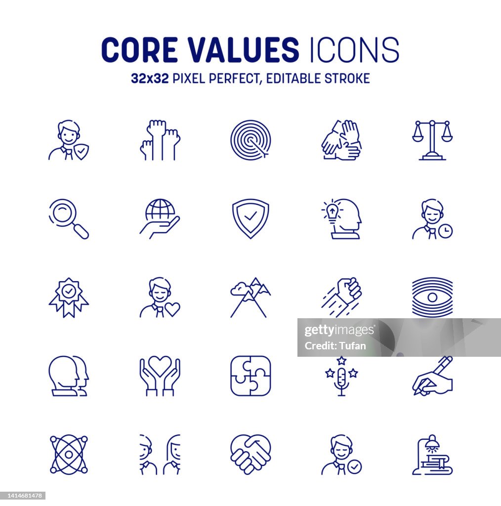 Core values icon set. Editable stroke set of icons core values. Target and goals related vector line symbol