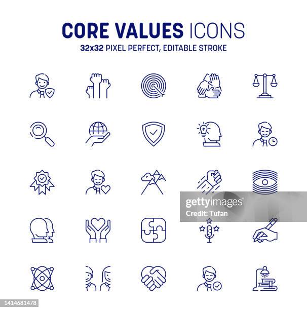 ilustrações de stock, clip art, desenhos animados e ícones de core values icon set. editable stroke set of icons core values. target and goals related vector line symbol - transparent