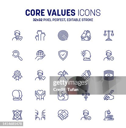 Core values icon set. Editable stroke set of icons core values. Target and goals related vector line symbol Core values icon set. Editable stroke set of icons core values. Target and goals related vector line symbol