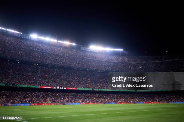 General view of the stands during the LaLiga Santander match between FC Barcelona and Rayo Vallecano at Spotify Camp Nou on August 13, 2022 in...