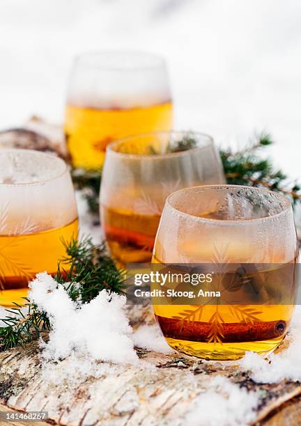 glasses of mulled wine with spruce twigs and snow - mulled wine stock pictures, royalty-free photos & images