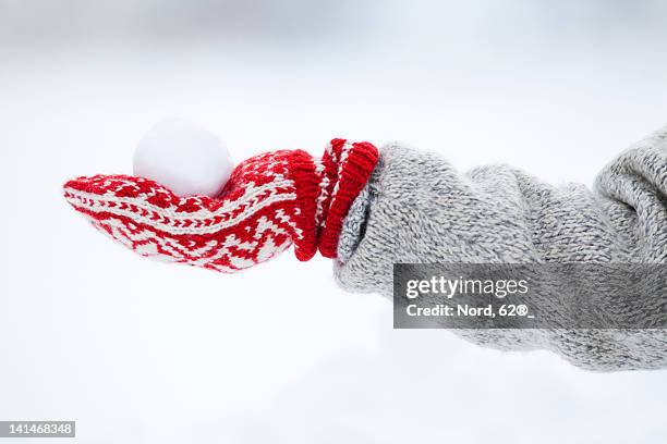 person holding snowball - mitten foto e immagini stock