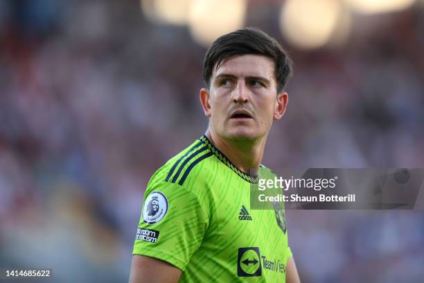 Harry Maguire of Manchester United looks on during the Premier League match between Brentford FC and Manchester United at Brentford Community Stadium...