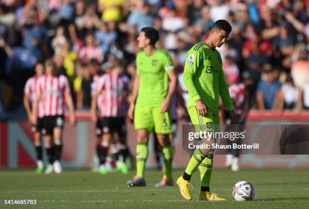 Cristiano Ronaldo of Manchester United looks dejected during the Premier League match between Brentford FC and Manchester United at Brentford...