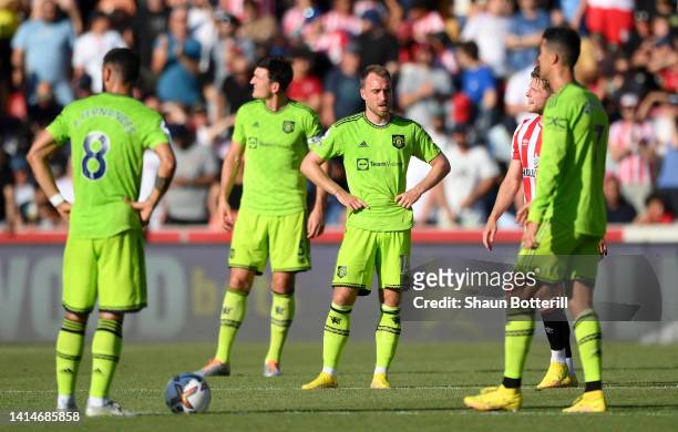 Christian Eriksen of Manchester United looks dejected during the Premier League match between Brentford FC and Manchester United at Brentford...