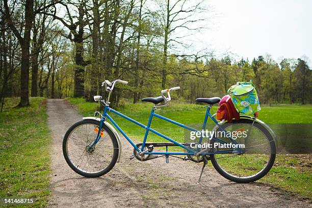 tandem bike in forest - tandem bike stock pictures, royalty-free photos & images