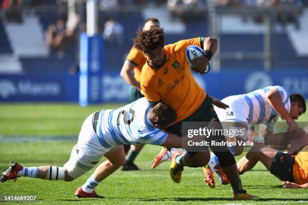 Rob Valetini of Australia attempts to avoid a tackle from Julian Montoya of Argentina during a Rugby Championship match between Argentina Pumas and...