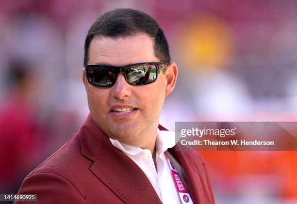 Owner Jed York of the San Francisco 49ers is seen on the field looking on during pregame warm ups prior to the start of a preseason NFL game against...
