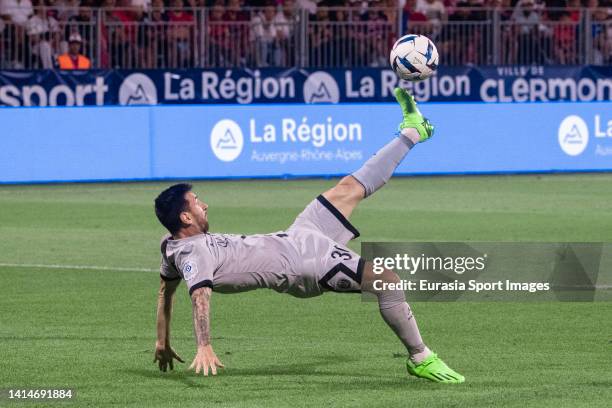 Lionel Messi of Paris Saint Germain attempts a bicycle kick during the Ligue 1 match between Clermont Foot and Paris Saint-Germain at Stade Gabriel...