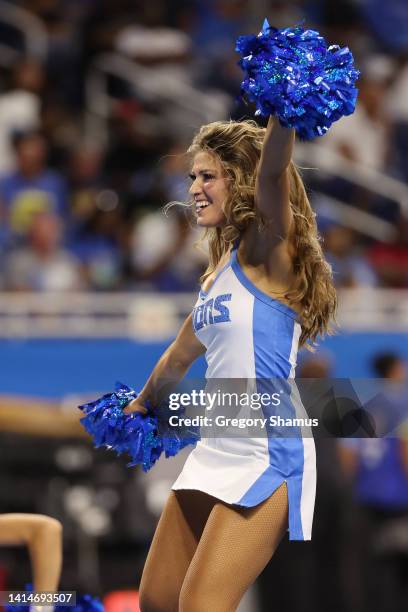 Member of the Detroit Lions Cheerleaders performs during a preseason game between the Atlanta Falcons and Detroit Lions at Ford Field on August 12,...