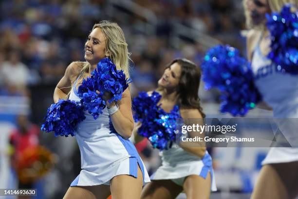 Member of the Detroit Lions Cheerleaders performs during a preseason game between the Atlanta Falcons and Detroit Lions at Ford Field on August 12,...
