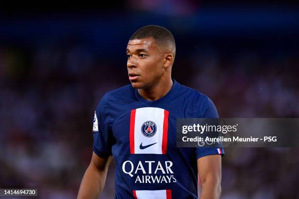 Kylian Mbappe of Paris Saint-Germain looks on during the Ligue 1 match between Paris Saint-Germain and Montpellier HSC at Parc des Princes on August...