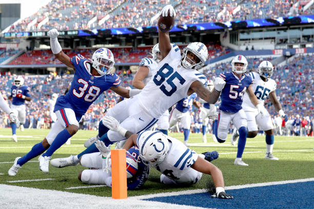 Andrew Ogletree of the Indianapolis Colts leaps for a touchdown during the fourth quarter of a preseason game against the Buffalo Bills at Highmark...