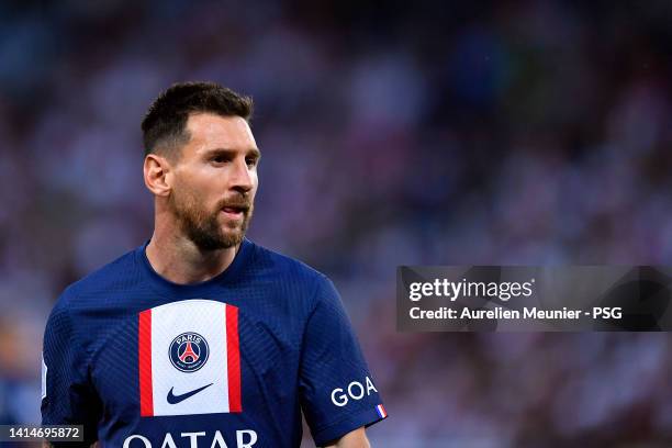 Leo Messi of Paris Saint-Germain looks on during the Ligue 1 match between Paris Saint-Germain and Montpellier HSC at Parc des Princes on August 13,...
