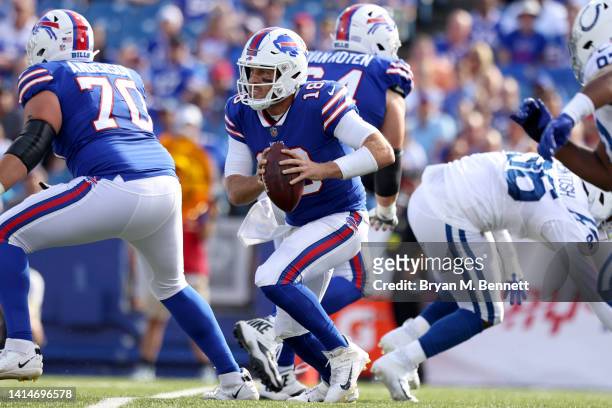 Case Keenum of the Buffalo Bills looks to pass during the second quarter of a preseason game against the Indianapolis Colts at Highmark Stadium on...