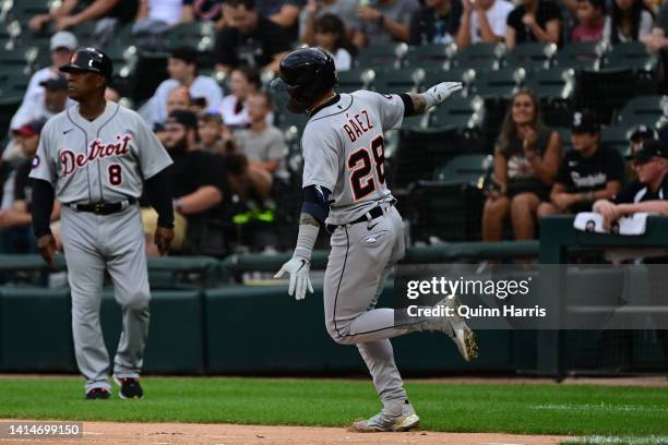 Javier Baez of the Detroit Tigers reacts after his single in the first inning against the Chicago White Sox at Guaranteed Rate Field on August 13,...