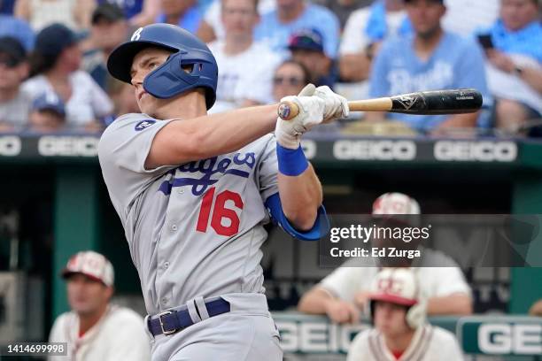 Will Smith of the Los Angeles Dodgers hits a two-run home run against the Kansas City Royals in the second inning at Kauffman Stadium on August 13,...