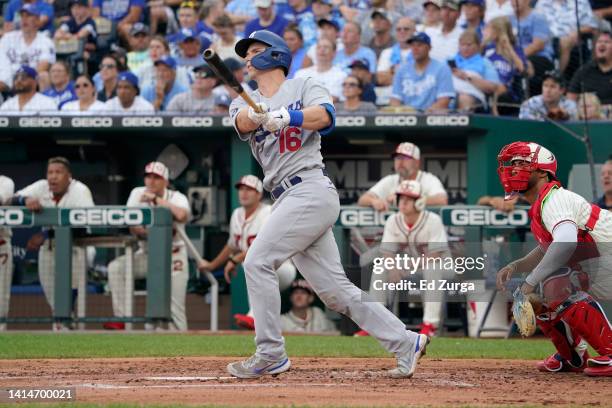 Will Smith of the Los Angeles Dodgers hits a two-run home run against the Kansas City Royals in the second inning at Kauffman Stadium on August 13,...