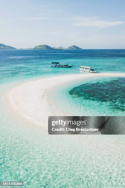 aerial drone view of woman enjoying on small tropical white sand island alone, idyllic paradise view - komodo island stock-fotos und bilder