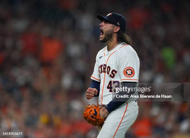 Lance McCullers Jr. #43 of the Houston Astros reacts after an inning ending double play in the sixth inning during the game against the Oakland...