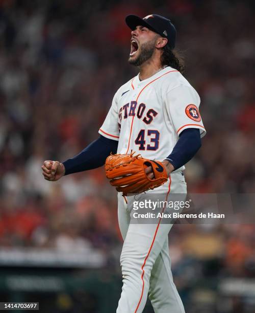 Lance McCullers Jr. #43 of the Houston Astros reacts after an inning ending double play in the sixth inning during the game against the Oakland...