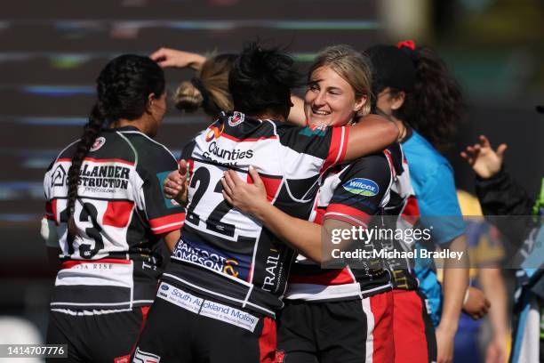 Hazel Tubic of Counties Manukau celebrates winning the match during the round five Farah Palmer Cup match between Bay of Plenty and Counties Manukau...