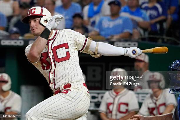 Brent Rooker of the Kansas City Royals hits an RBI double in the sixth inning against the Los Angeles Dodgers at Kauffman Stadium on August 13, 2022...