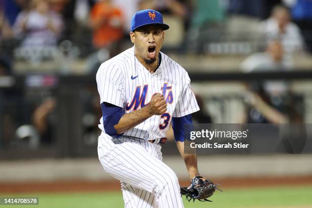 Edwin Diaz of the New York Mets reacts after pitching the final out during the ninth inning against the Philadelphia Phillies at Citi Field on August...