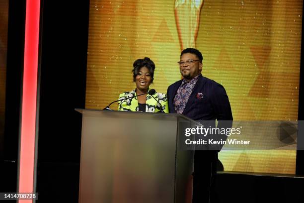 Celina Smith and Carl Anthony Payne II speak onstage during The 2nd Annual HCA TV Awards: Broadcast & Cable at The Beverly Hilton on August 13, 2022...