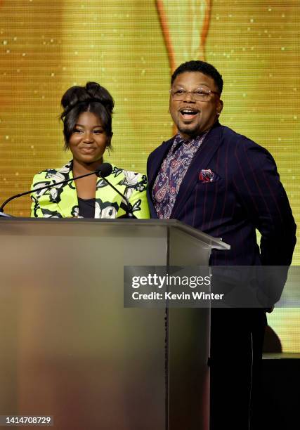 Celina Smith and Carl Anthony Payne II speak onstage during The 2nd Annual HCA TV Awards: Broadcast & Cable at The Beverly Hilton on August 13, 2022...