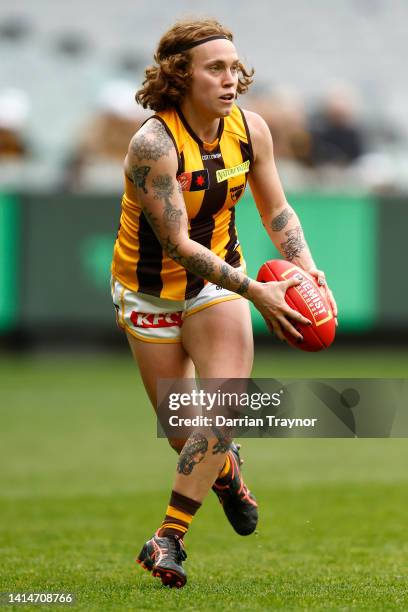 Tilly Lucas-Rodd of Hawthorn runs with the ball during the AFLW Practice Match between the Richmond Tigers and the Hawthorn Hawks at Melbourne...