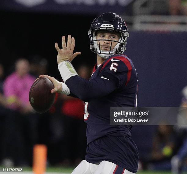 Jeff Driskel of the Houston Texans throws a pass in the second quarter against the New Orleans Saints during a preseason game at NRG Stadium on...