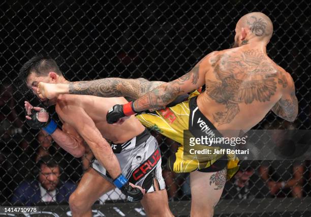 Marlon Vera of Ecuador knocks out Dominick Cruz with a high kick in a bantamweight fight during the UFC Fight Night event at Pechanga Arena on August...