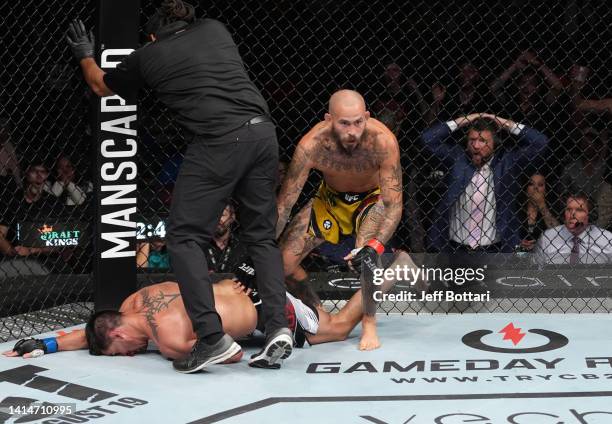 Marlon Vera of Ecuador reacts after his knockout victory over Dominick Cruz in a bantamweight fight during the UFC Fight Night event at Pechanga...