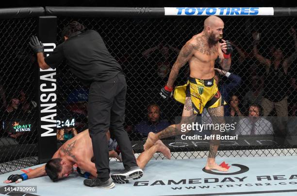 Marlon Vera of Ecuador reacts after his knockout victory over Dominick Cruz in a bantamweight fight during the UFC Fight Night event at Pechanga...