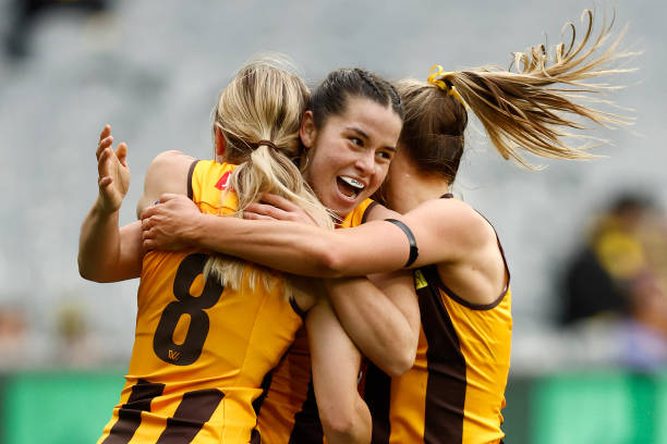 Dominique Carbone of Hawthorn celebrates a goal during the AFLW Practice Match between the Richmond Tigers and the Hawthorn Hawks at Melbourne...