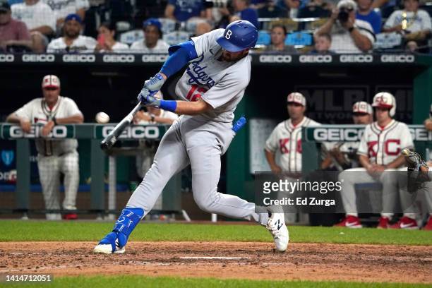 Joey Gallo of the Los Angeles Dodgers hits a home run in the ninth inning against the Kansas City Royals at Kauffman Stadium on August 13, 2022 in...