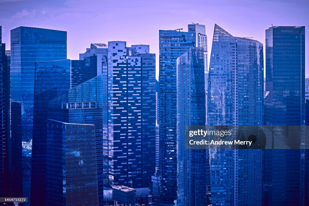 Purple blue modern glass skyscraper, financial district
