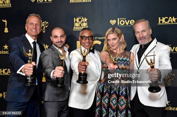 Patrick Fabian, Michael Mando, Giancarlo Esposito, Rhea Seehorn, and Bob Odenkirk pose in the press room with their awards during The 2nd Annual HCA...