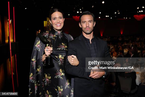 Mandy Moore and Milo Ventimiglia pose backstage during The 2nd Annual HCA TV Awards: Broadcast & Cable at The Beverly Hilton on August 13, 2022 in...