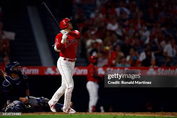 Shohei Ohtani of the Los Angeles Angels hits a home run against the Minnesota Twins in the eighth inning at Angel Stadium of Anaheim on August 13,...