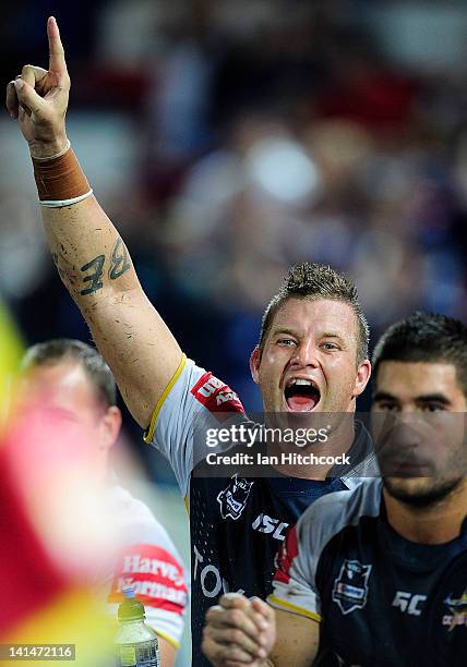 Ashton Sims celebrates a Cowboys try during the round three NRL match between the North Queensland Cowboys and the Parramatta Eels at Dairy Farmers...