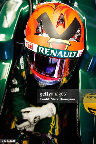Heikki Kovalainen of Finland and Caterham prepares to drive during qualifying for the Australian Formula One Grand Prix at the Albert Park circuit on...