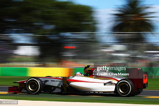 Narain Karthikeyan of India and Hispania Racing Team drives during qualifying for the Australian Formula One Grand Prix at the Albert Park circuit on...