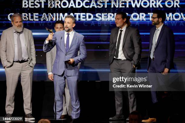 Dan Harmon, Steve Levy, Scott Marder, Albro Lundy, and James Siciliano speaks onstage during The 2nd Annual HCA TV Awards: Broadcast & Cable at The...