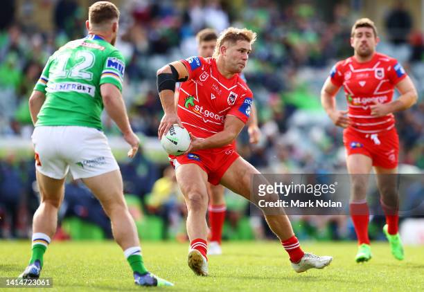 Jack De Belin of the Dragons in action during the round 22 NRL match between the Canberra Raiders and the St George Illawarra Dragons at GIO Stadium,...