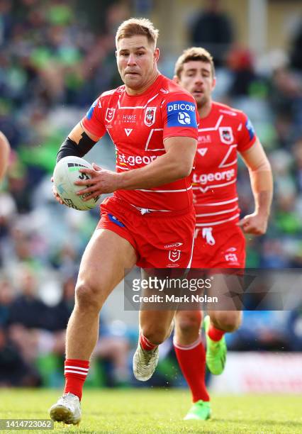 Jack De Belin of the Dragons in action during the round 22 NRL match between the Canberra Raiders and the St George Illawarra Dragons at GIO Stadium,...