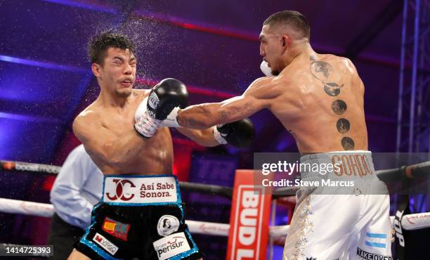 Teofimo Lopez Jr. Connects with a punch on Pedro Campa in the seventh round during a junior welterweight fight at Resorts World Las Vegas on August...