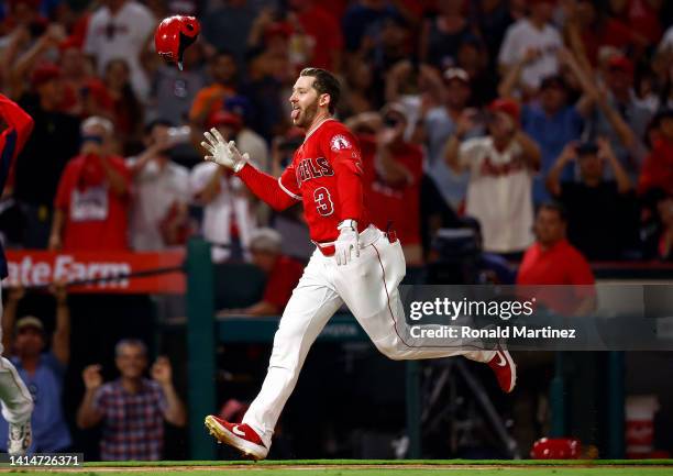 Taylor Ward of the Los Angeles Angels celebrates after hitting a walk-off home run against the Minnesota Twins in the eleventh inning at Angel...