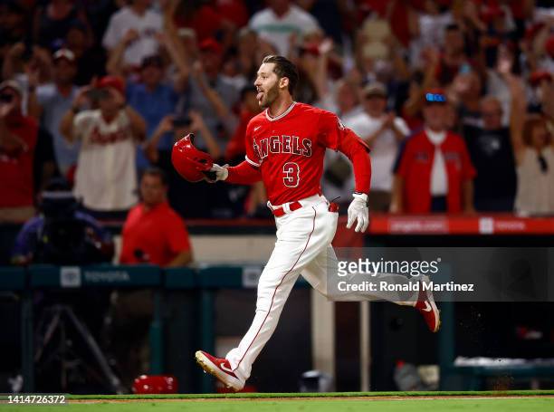 Taylor Ward of the Los Angeles Angels celebrates after hitting a walk-off home run against the Minnesota Twins in the eleventh inning at Angel...